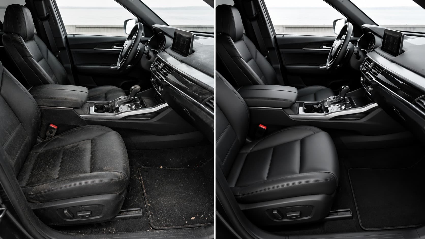 Front leather seats — before and after a Deep Interior. Conditioning, no shine residue.