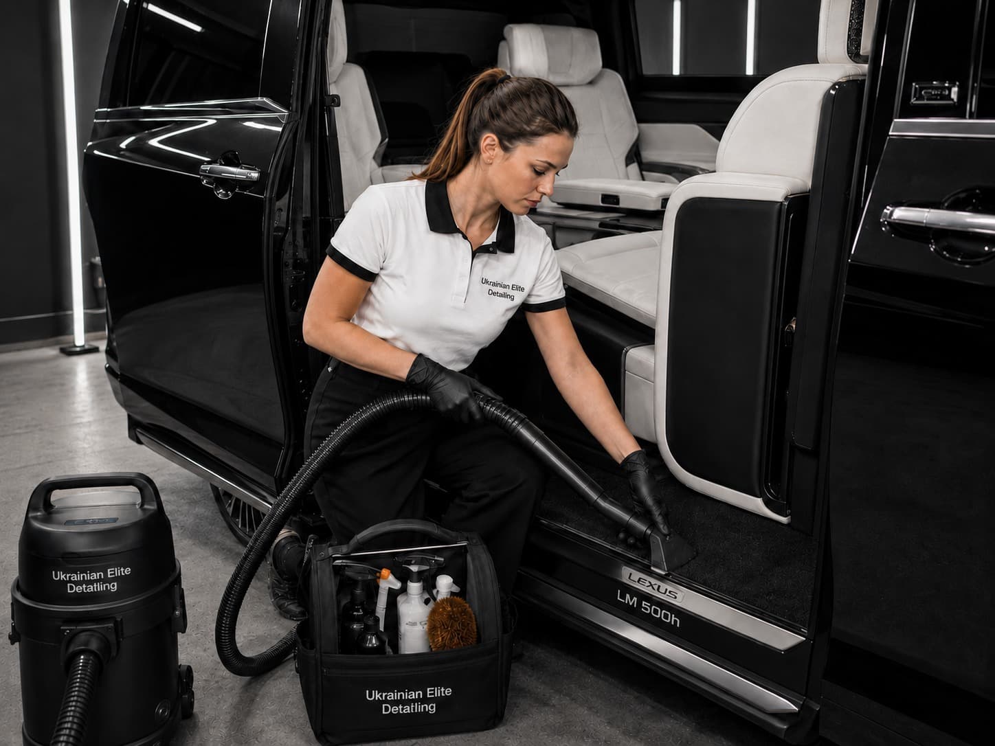 Our kit in the field — HEPA vac, hot-water extractor, microfibre rotation. Mobile setup.
